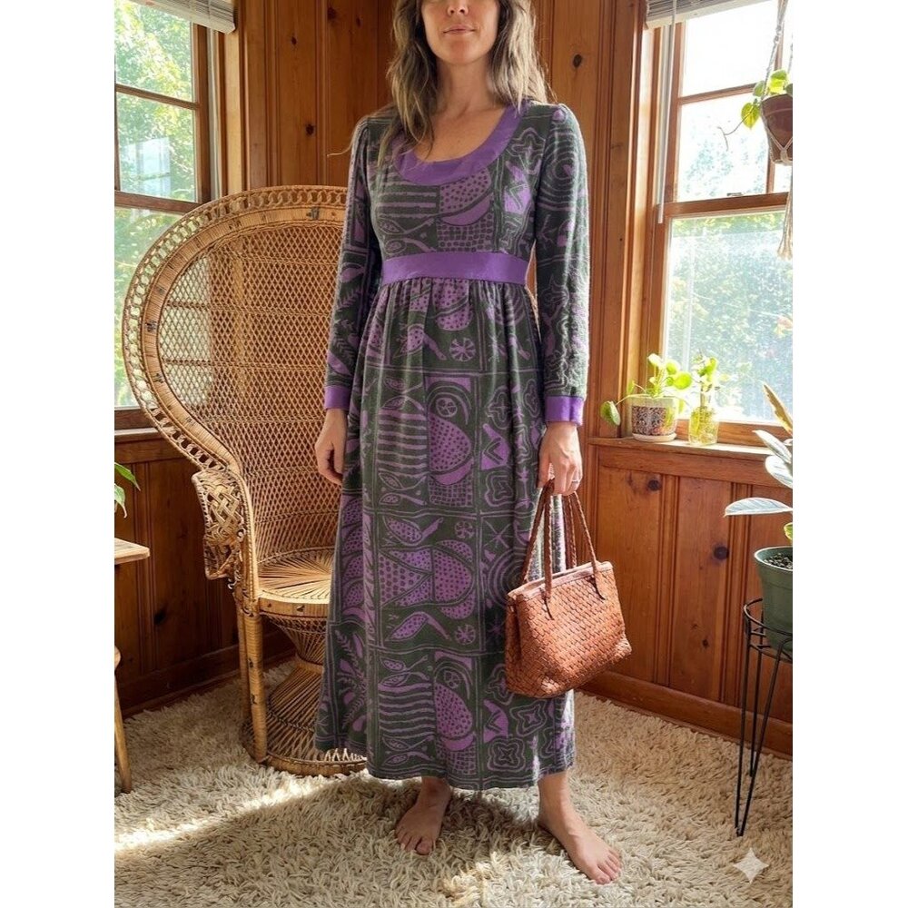 Vintage 1970s Barkcloth Maxi Dress Long Sleeve Purple Abstract Tiki Boho Small